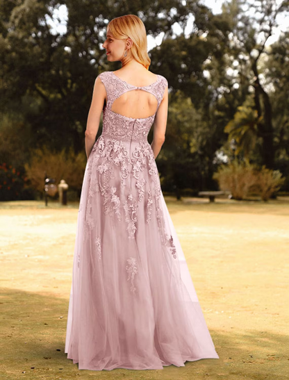 A-Line Prom Dresses Floral Dress Wedding Guest Floor Length Sleeveless Jewel Neck Tulle with Appliques Pure Color