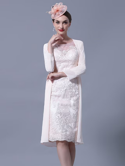 Two Piece Mother of the Bride Dress Church Elegant Jewel Neck Knee Length Lace Sleeve with Embroidery
