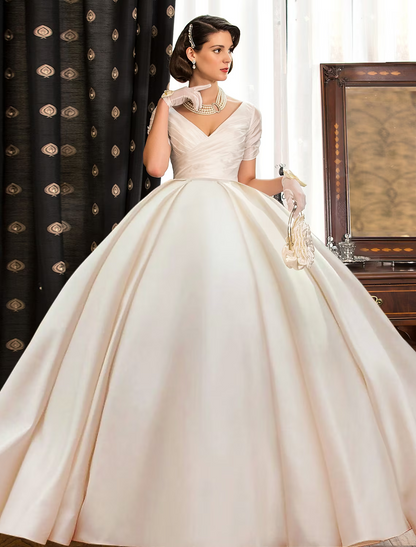 Engagement Formal Wedding Dresses Court Princess Short Sleeve V Neck Satin With Ruched