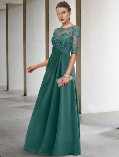 Mother of the Bride Dress Plus Size Elegant Jewel Neck Floor Length Chiffon Lace Short Sleeve with Appliques Side-Draped
