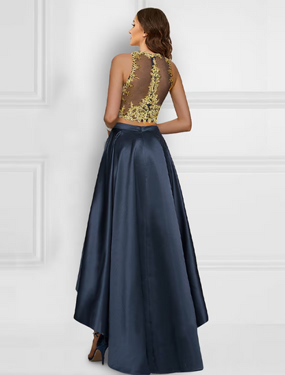 Two Piece Cocktail Dresses Sparkle & Shine Dress Prom Asymmetrical Sleeveless Jewel Neck Charmeuse with Appliques