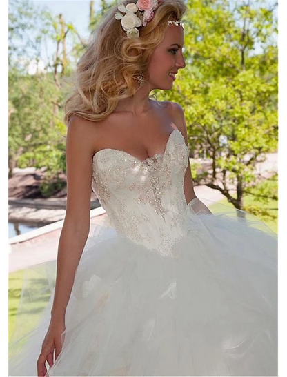 Engagement Formal Wedding Dresses Floor Length Ball Gown Strapless Sweetheart Tulle With