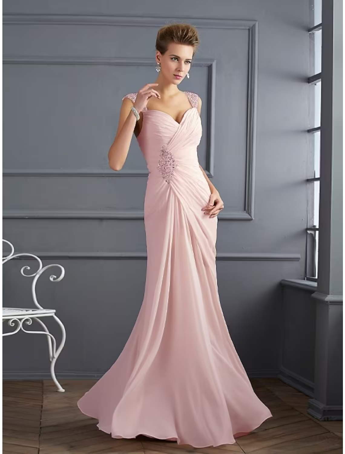 Mermaid / Trumpet Evening Gown Sparkle & Shine Dress Formal Floor Length Sleeveless Spaghetti Strap Chiffon with Rhinestone Ruched