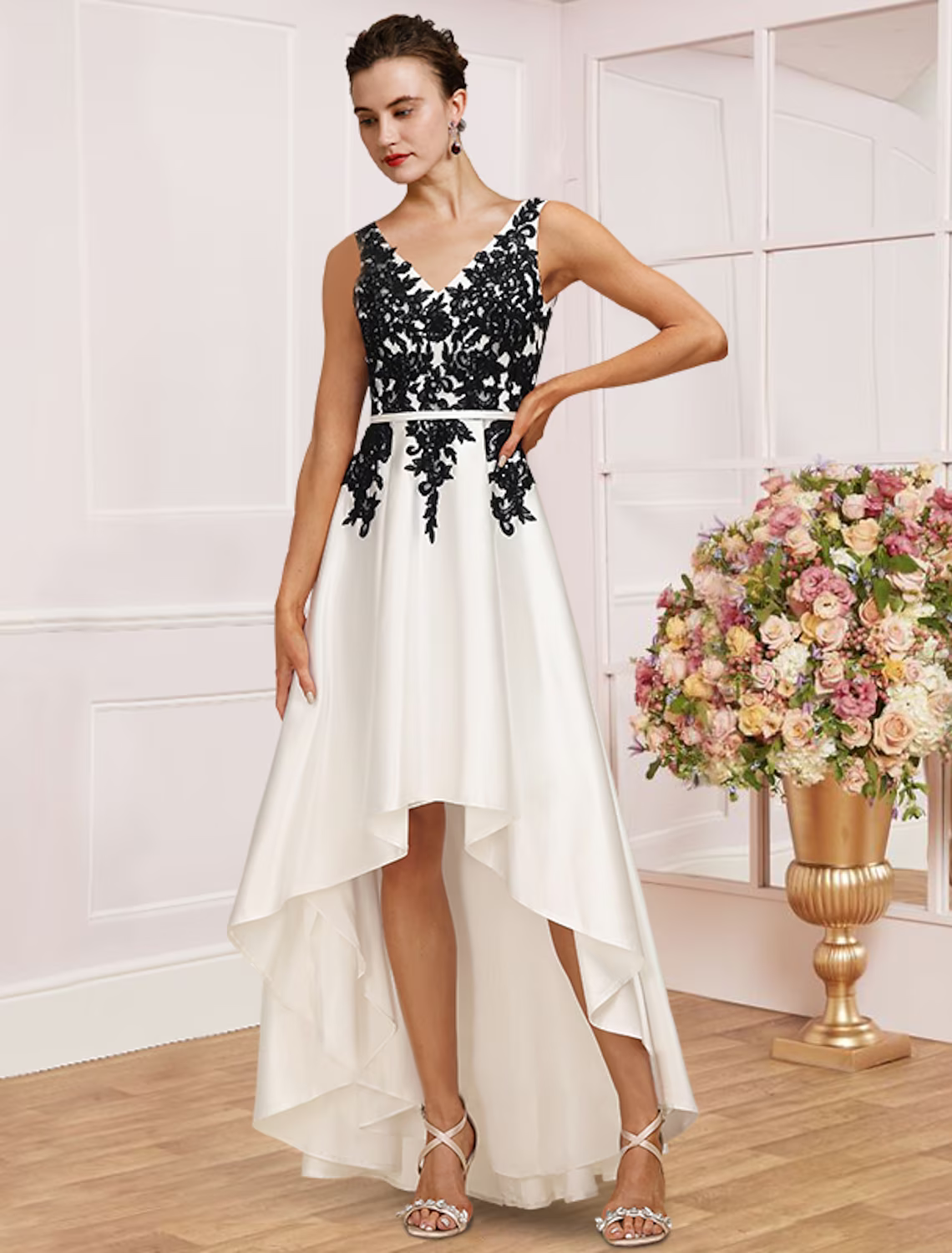 A-Line Mother of the Bride Dress Wedding Guest Party Elegant V Neck Asymmetrical Satin Lace Sleeveless with Pleats