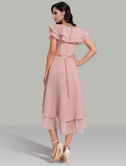 A-Line Wedding Guest Dresses Tiered Dress Cocktail Party Short Sleeve V Neck Belt Sash Chiffon with Beading