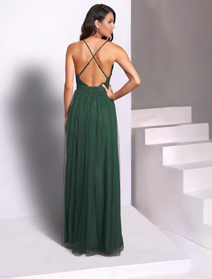 A-Line Wedding Guest Dresses Casual Dress Party Wear Floor Length Sleeveless Strap Tulle with Pleats
