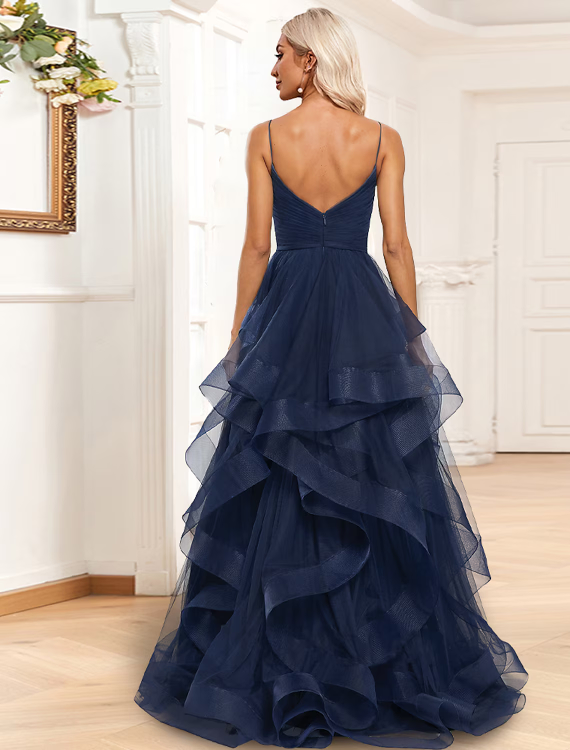 A-Line Evening Gown Tiered Dress Formal Sleeveless Spaghetti Strap Ruched Ruffles Slit