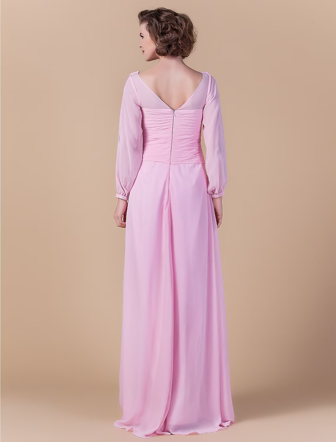 Mother of the Bride Dress Vintage Inspired Cowl Neck Floor Length Chiffon Long Sleeve with Criss Cross Ruched