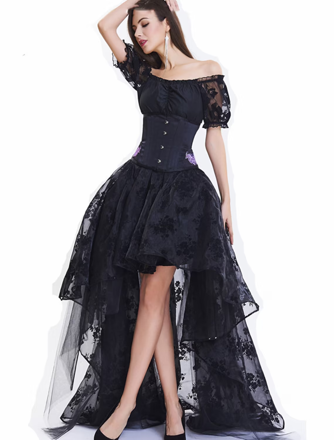 A-Line Prom Dresses Vintage Dress Asymmetrical Short Sleeve Off Shoulder Lace with Embroidery Appliques