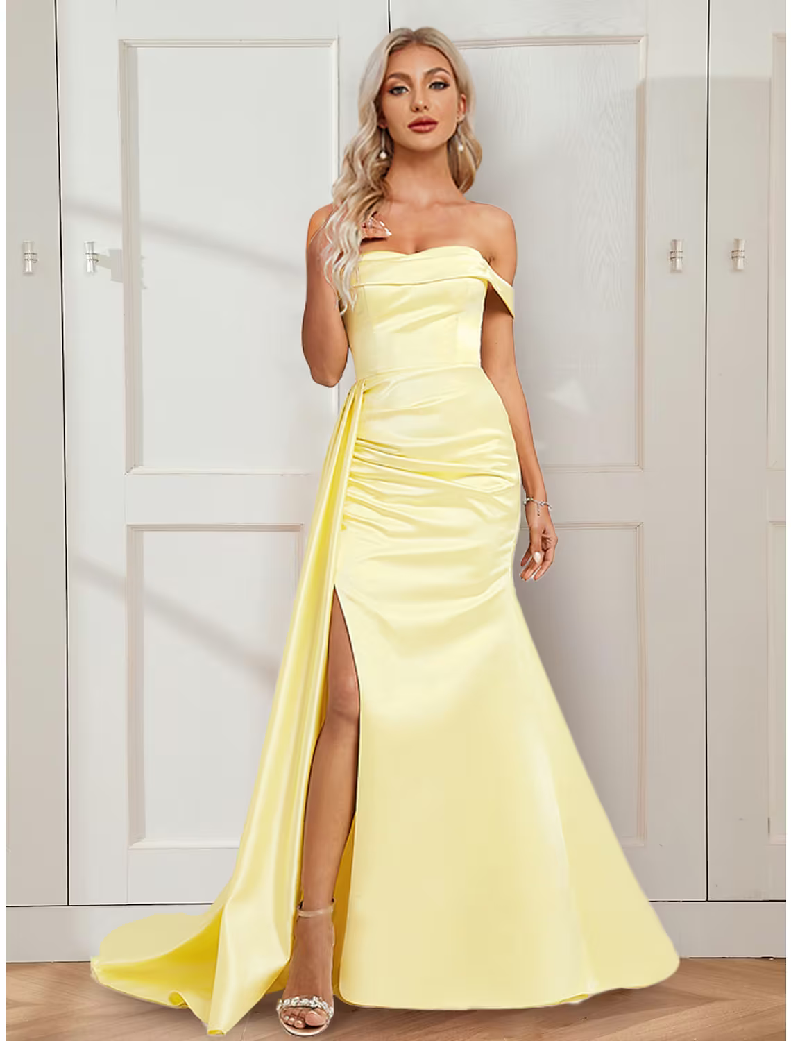A-Line Prom Dresses Vintage Dress Party Wear Court Train Sleeveless Off Shoulder Stretch Satin with Ruched Slit