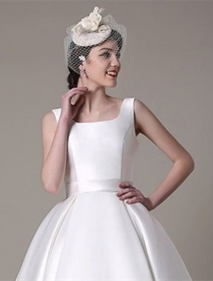 A-Line Cocktail Dresses Party Dress Wedding Guest Knee Length Sleeveless Square Neck Satin with Pleats