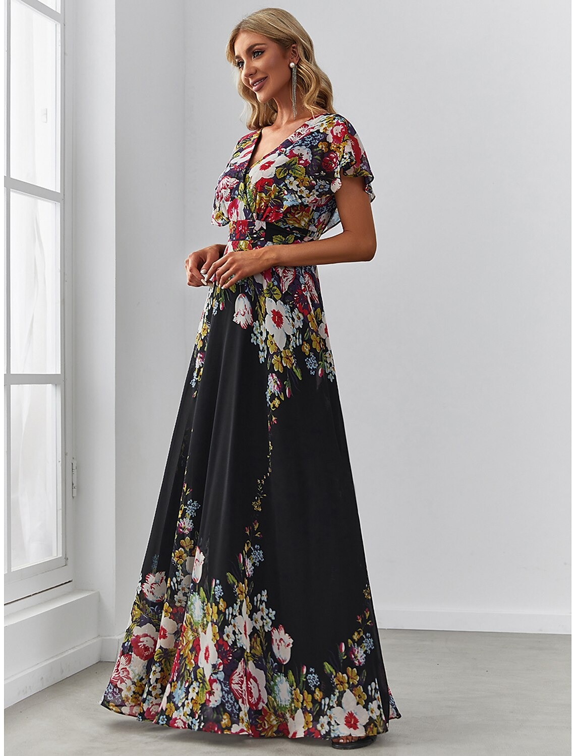 A-Line Evening Gown Elegant Dress Birthday Floor Length Short Sleeve V Neck Chiffon with Pattern