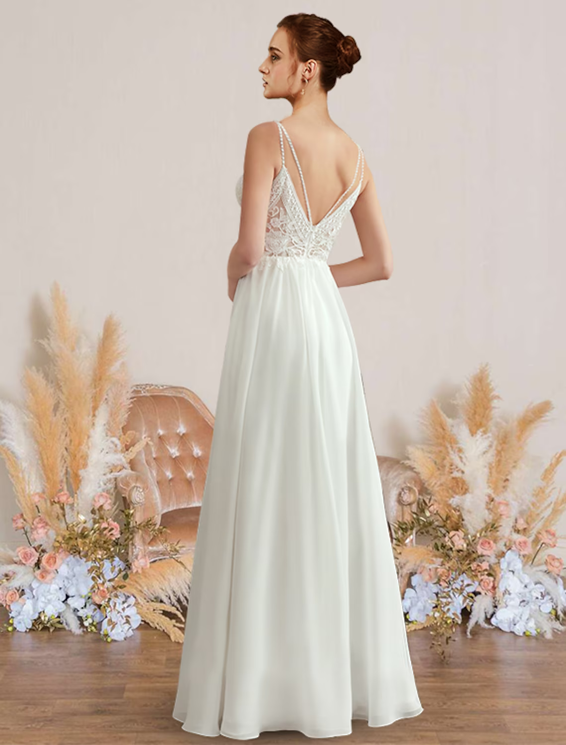 Beach Wedding Dresses Floor Length Sleeveless Strap V Neck Chiffon With Pleats Appliques