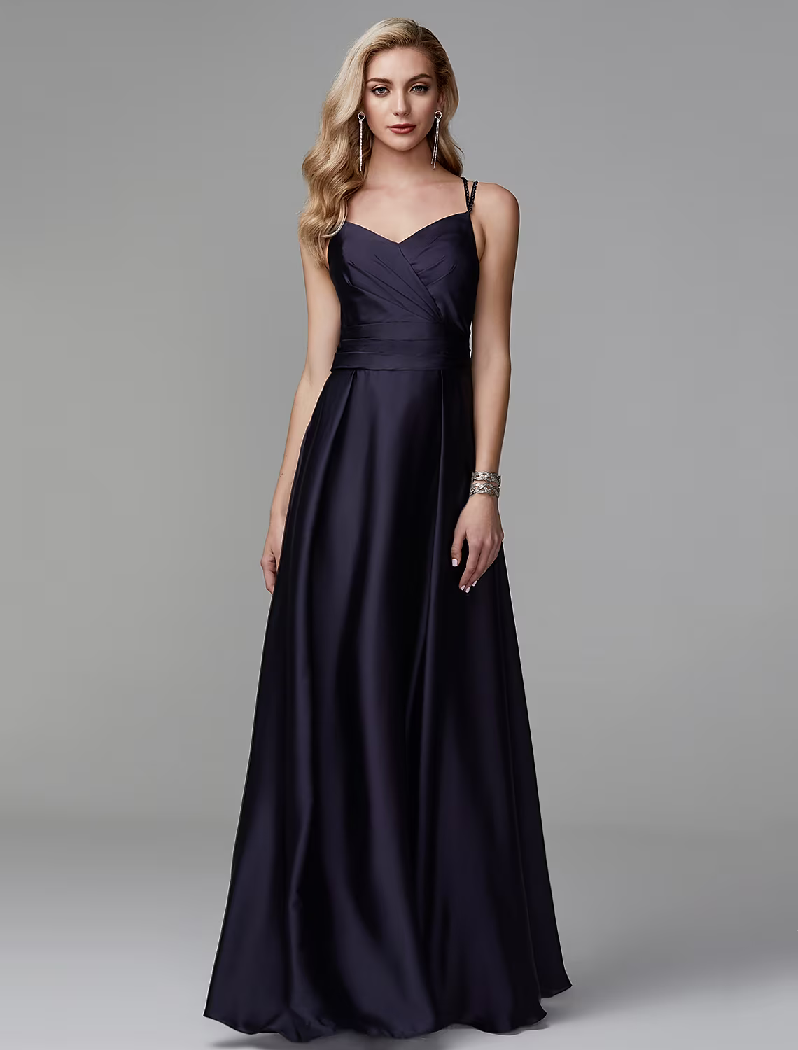 Evening Gown Dress Formal Floor Length Sleeveless V Neck Charmeuse Backless with Pleats Slit