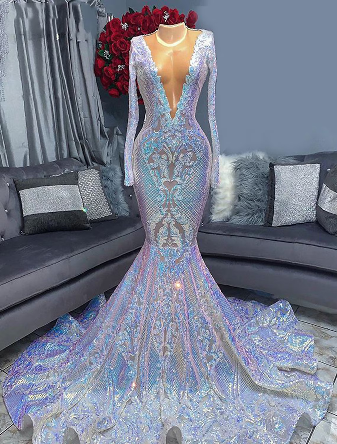 Evening Gown Floral Dress Formal Chapel Train Long Sleeve V Neck Sequined with