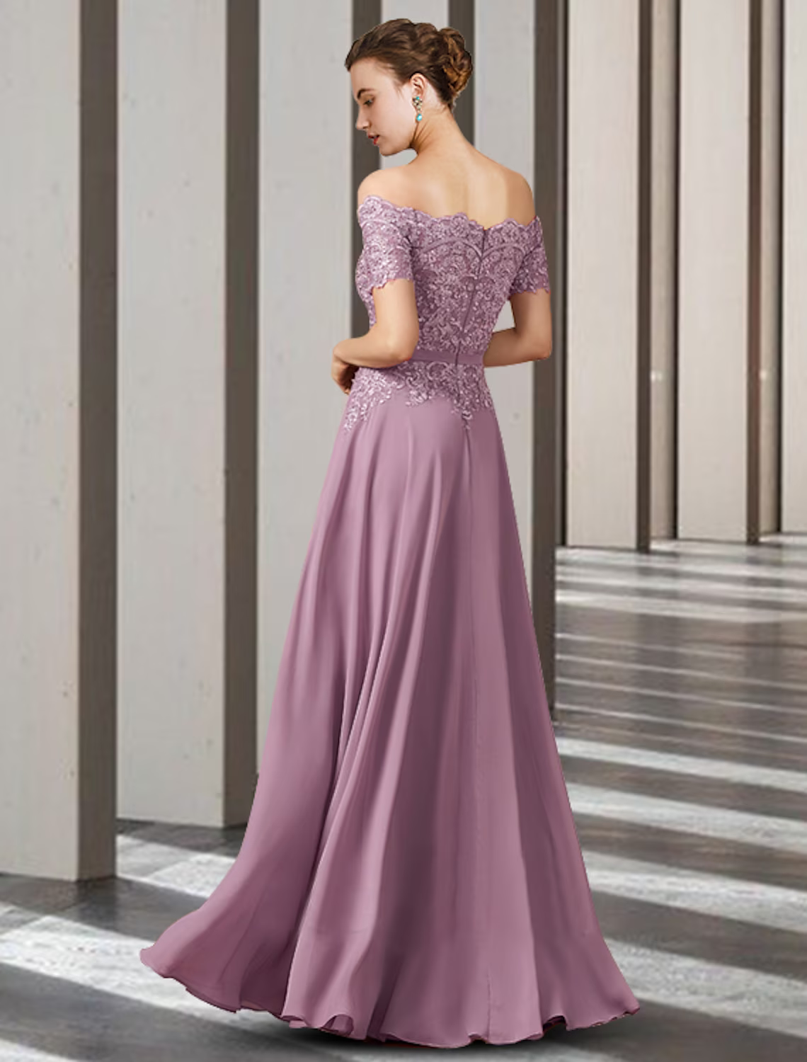 A-Line Mother of the Bride Dress Elegant Off Shoulder Floor Length Chiffon Lace Short Sleeve with Appliques
