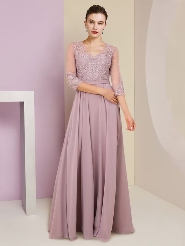 A-Line Mother of the Bride Dress Formal Wedding Guest Elegant V Neck Floor Length Chiffon Lace Sleeve with Pleats Appliques