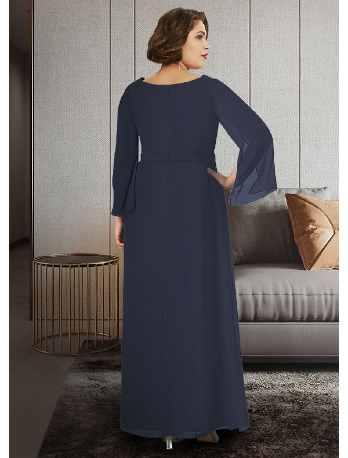 A-Line Mother of the Bride Dress Plus Size Elegant V Neck Ankle Length Chiffon Sleeve with Ruching