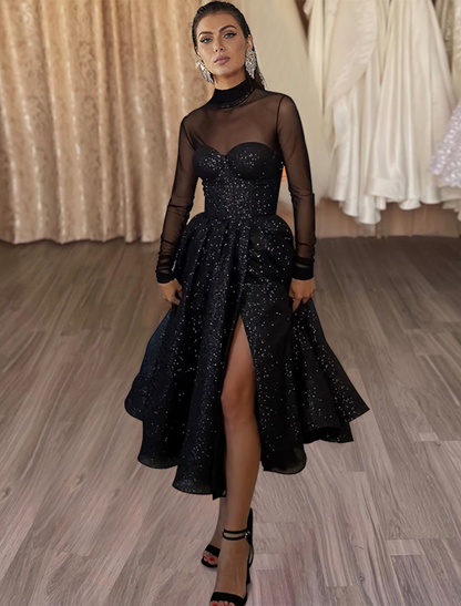 A-Line Cocktail Dresses Elegant Dress Party Wear Tea Length Long Sleeve High Neck Wednesday Addams Family Tulle with Glitter Slit