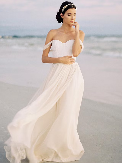 Beach Wedding Dresses A-Line Sleeveless Off Shoulder Chiffon With Pleats