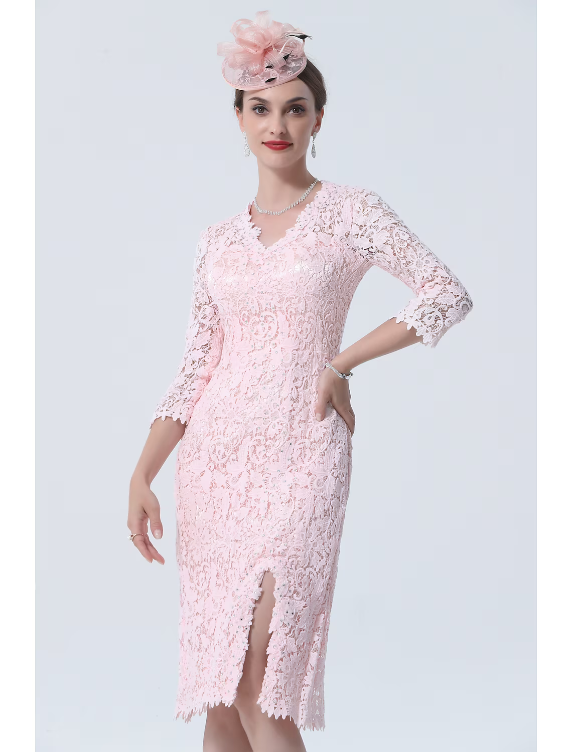 Mother of the Bride Dress Plus Size V Neck Knee Length Lace Sleeve with Lace Split Front