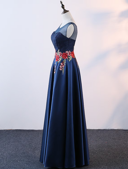 A-Line Evening Gown Elegant Dress Prom Floor Length Sleeveless Jewel Neck Satin with Embroidery Appliques