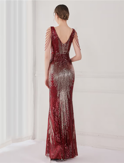 Mermaid / Trumpet Evening Gown Elegant Dress Wedding Guest Floor Length Sleeveless V Neck Sequined V Back with Sequin