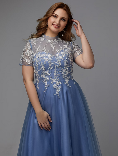 A-Line Plus Size Dress Wedding Guest Floor Length Short Sleeve High Neck Lace Lace-up with Appliques