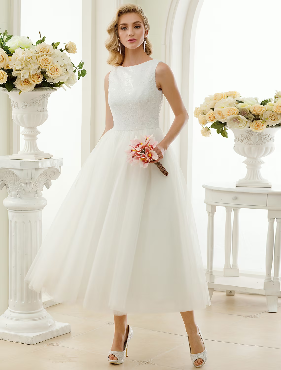 Little White Dresses Wedding Dresses Length A-Line Regular Straps Neck Tulle With Lace Sequin