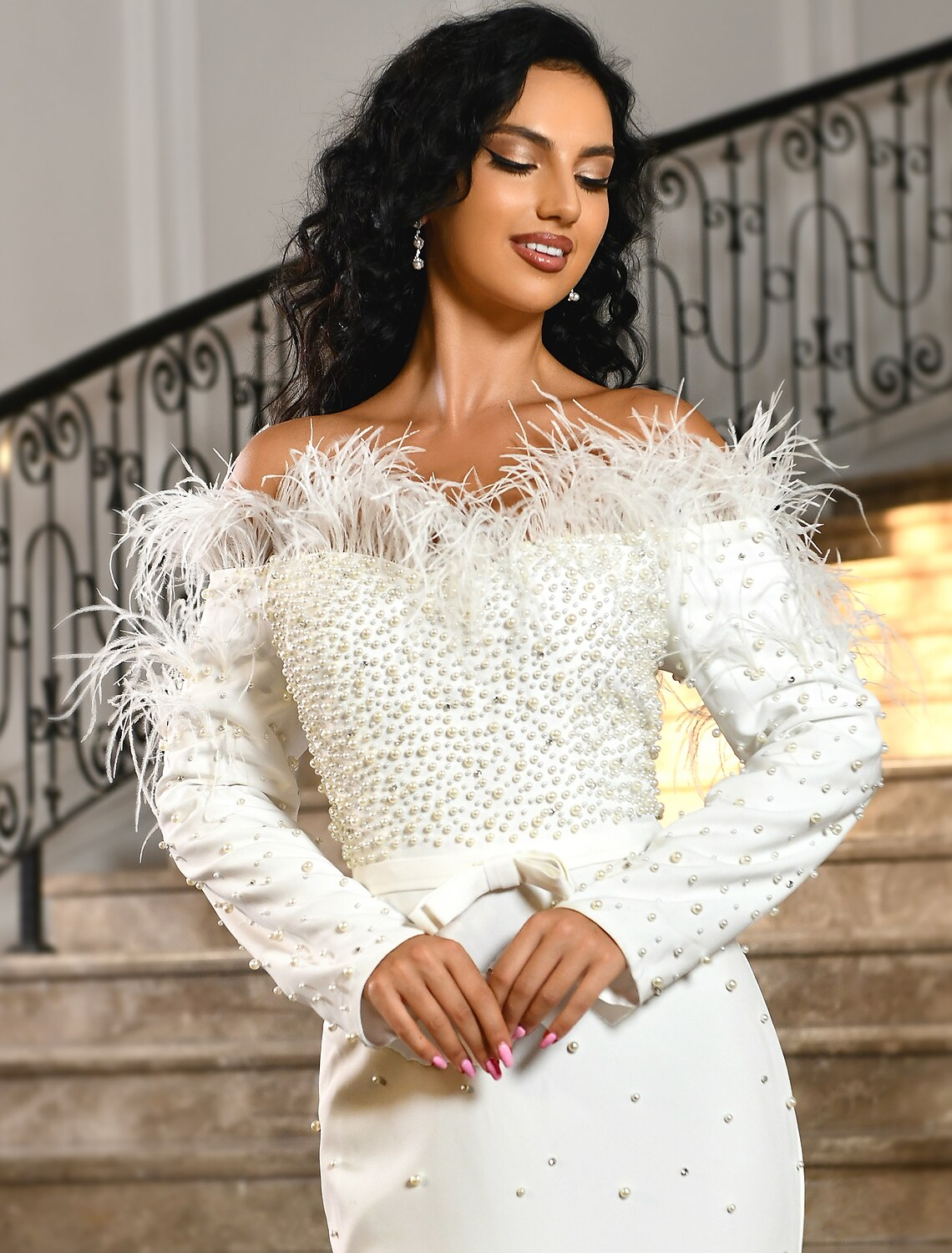 Engagement Formal Wedding Dresses Floor Length Long Sleeve Off Shoulder Stretch Fabric With Bow(s)