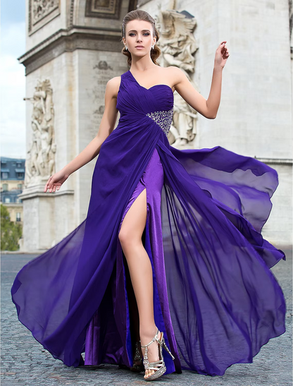 Classic Timeless Dress Formal Evening Floor Length Sleeveless One Shoulder Chiffon with Beading Split Front