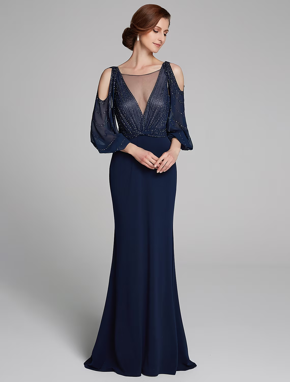 Mother of the Bride Dress Sparkle Shine Boat Neck Floor Length Chiffon Jersey Long Sleeve No with Beading Ruching