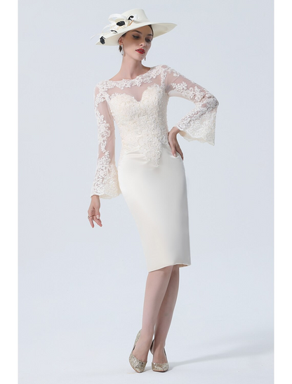 Mother of the Bride Dress Vintage Plus Size Elegant Knee Length Satin Lace Long Sleeve with Lace