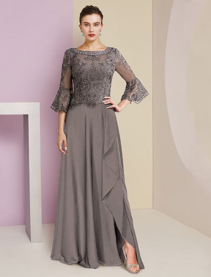 A-Line Mother of the Bride Dress Formal Elegant V Neck Lace Stretch Chiffon Length Sleeve with Beading Appliques