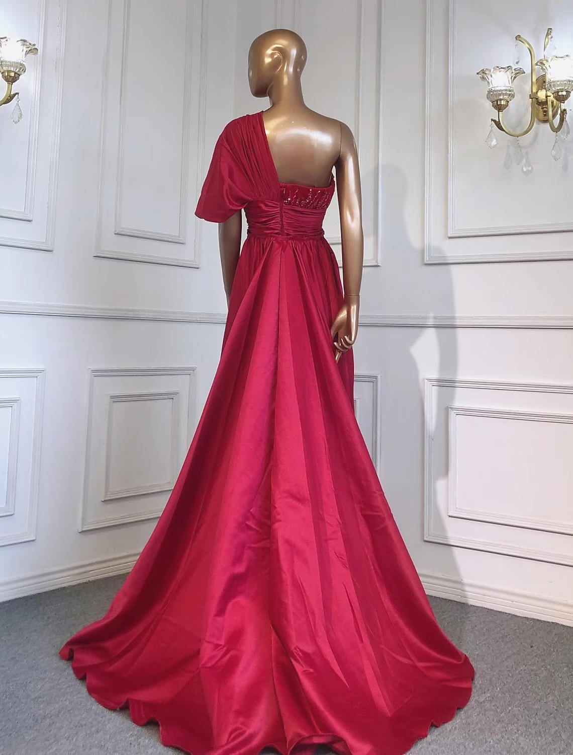 A-Line Evening Gown Luxurious Dress Formal Short Sleeve One Shoulder Charmeuse with Ruched Crystals