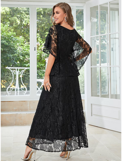 A-Line Wedding Guest Dresses Elegant Dress Party Wear Ankle Length Half Sleeve Lace with Ruffles Appliques