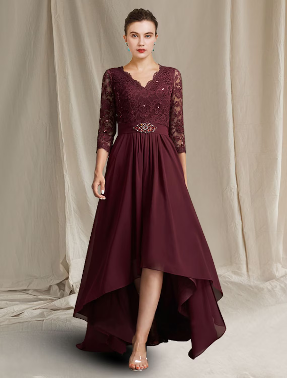 A-Line Mother of the Bride Dress Plus Size Elegant High Low V Neck Asymmetrical Floor Length Chiffon Lace Length Sleeve with Pleats Appliques Crystal Brooch
