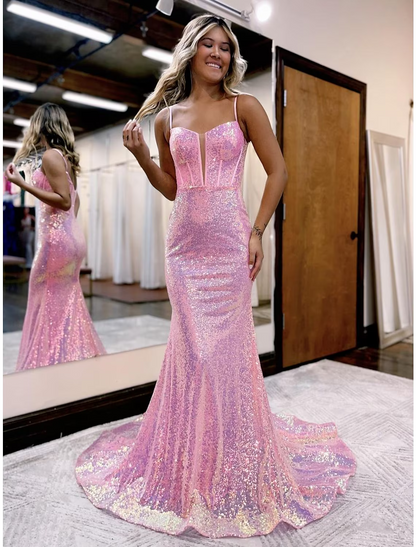 Prom Dresses Sparkle Shine Dress Formal Court Train Sleeveless Strap Sequined V Back with Sequin