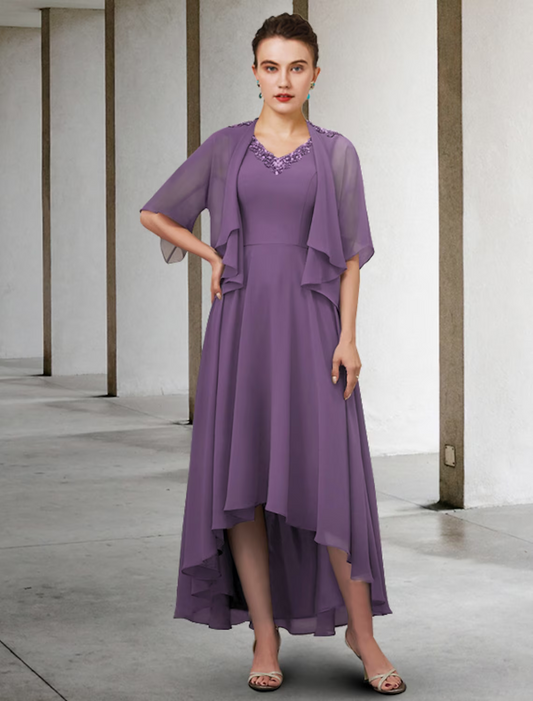 Two Piece A-Line Mother of the Bride Dress Elegant High Low V Neck Asymmetrical Chiffon Half Sleeve with Pleats
