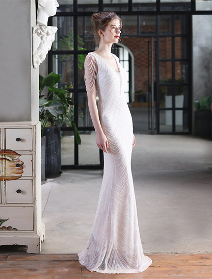 Prom Dresses Elegant Dress Formal Floor Length Sleeveless V Neck Sequined with