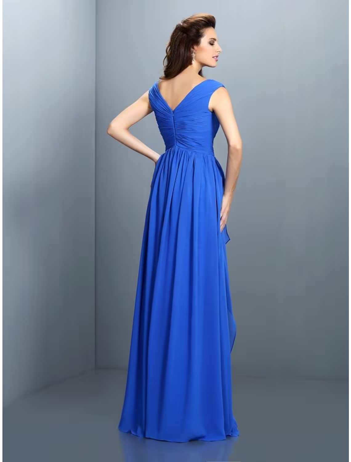 Royal Blue Share  Photo by Supplier   A-Line Evening Gown Sparkle & Shine Dress Wedding Guest Floor Length Sleeveless V Neck Chiffon with Rhinestone Ruched Sequin