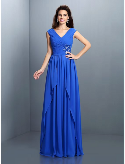 Royal Blue Share  Photo by Supplier   A-Line Evening Gown Sparkle & Shine Dress Wedding Guest Floor Length Sleeveless V Neck Chiffon with Rhinestone Ruched Sequin