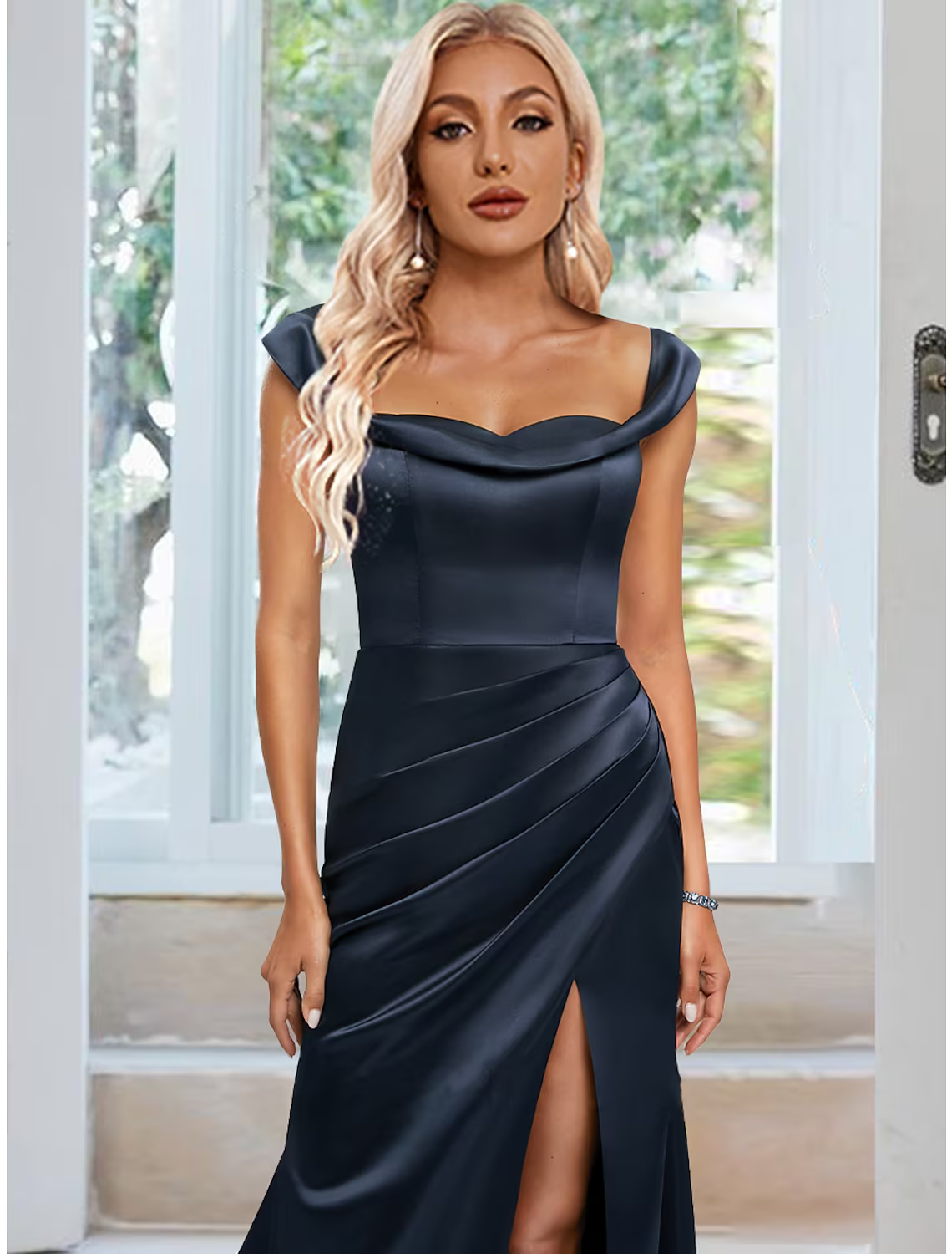 Prom Dresses Open Back Dress Party Wear Sleeveless Off Shoulder Stretch Satin Backless with Ruched Slit