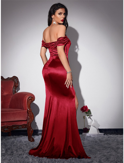 Party Dresses Vintage Dress Wedding Party Sleeveless Off Shoulder Stretch Satin with Ruched Slit