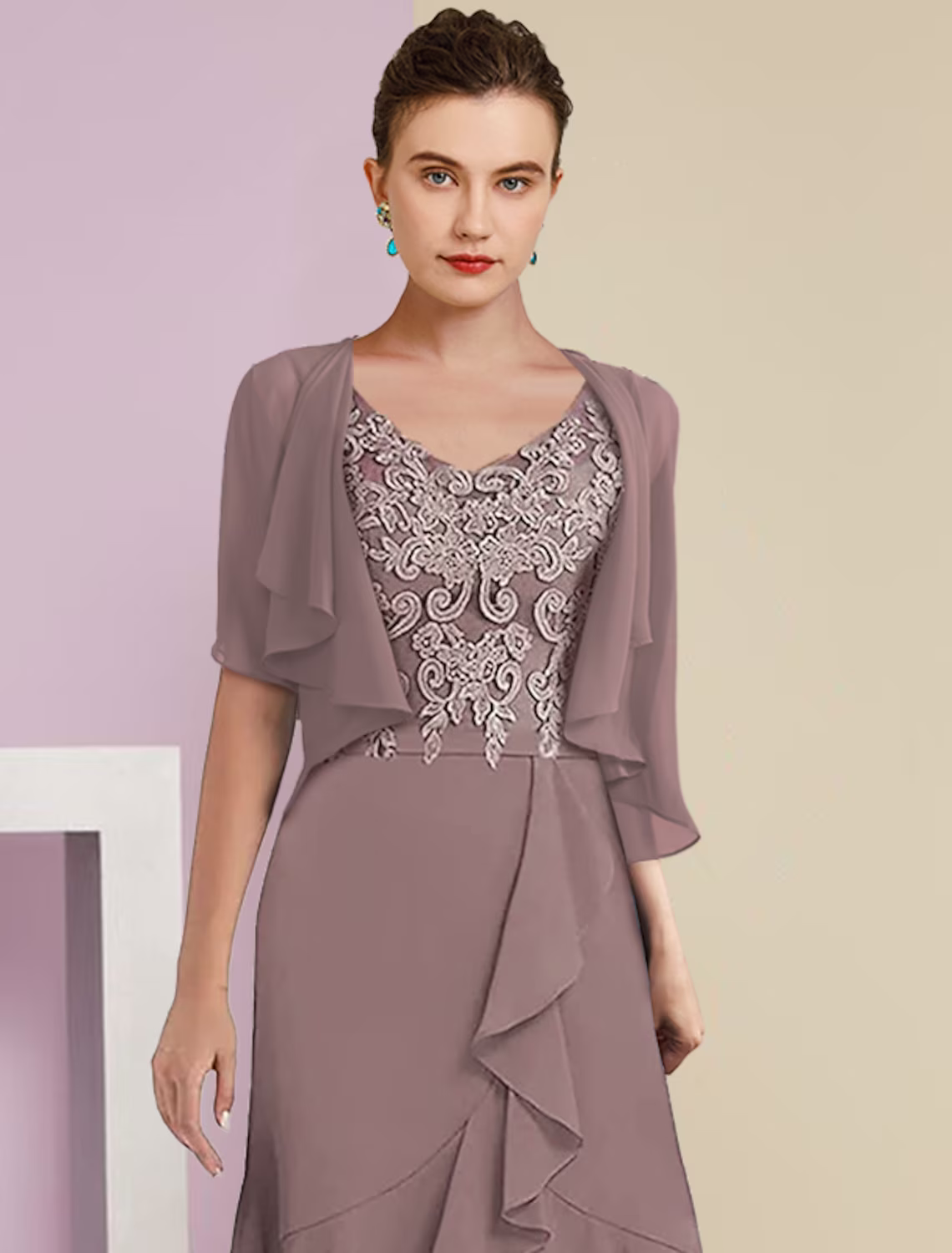 Two Piece A-Line Mother of the Bride Dress Formal Wedding Guest Elegant High Low V Neck Asymmetrical Length Chiffon Lace Short Sleeve Sleeve Wrap Included with Appliques