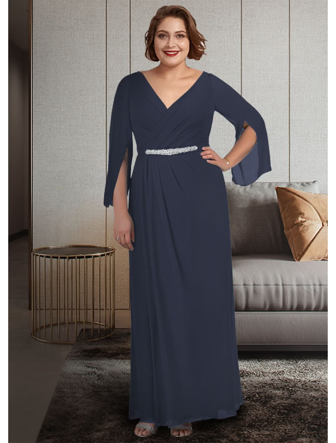 A-Line Mother of the Bride Dress Plus Size Elegant V Neck Ankle Length Chiffon Sleeve with Ruching
