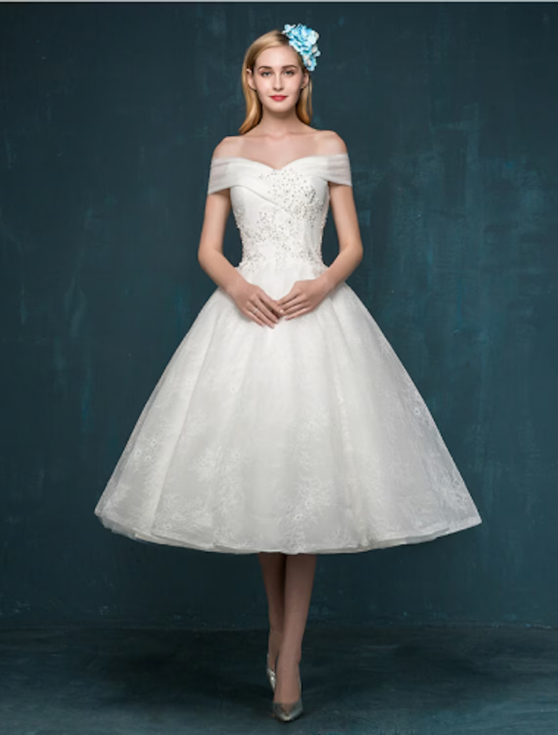 Little White Dresses Wedding Dresses Tea Length A-Line Short Sleeve Off Shoulder Beaded Lace With Beading Sequin