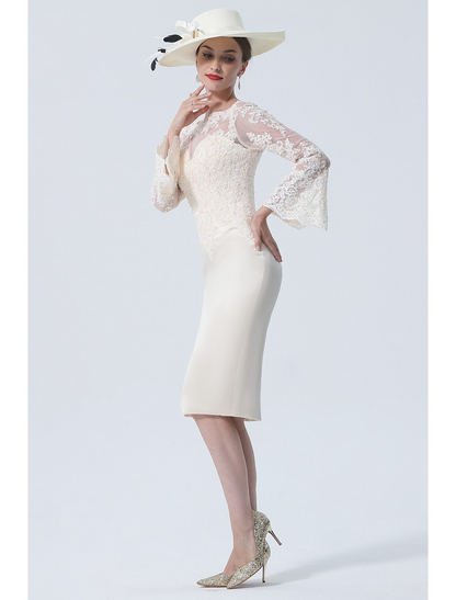 Mother of the Bride Dress Vintage Plus Size Elegant Knee Length Satin Lace Long Sleeve with Lace