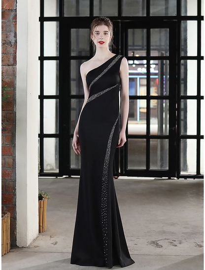 Evening Gown Sexy Dress Wedding Guest Floor Length Sleeveless One Shoulder Stretch Satin with Crystals