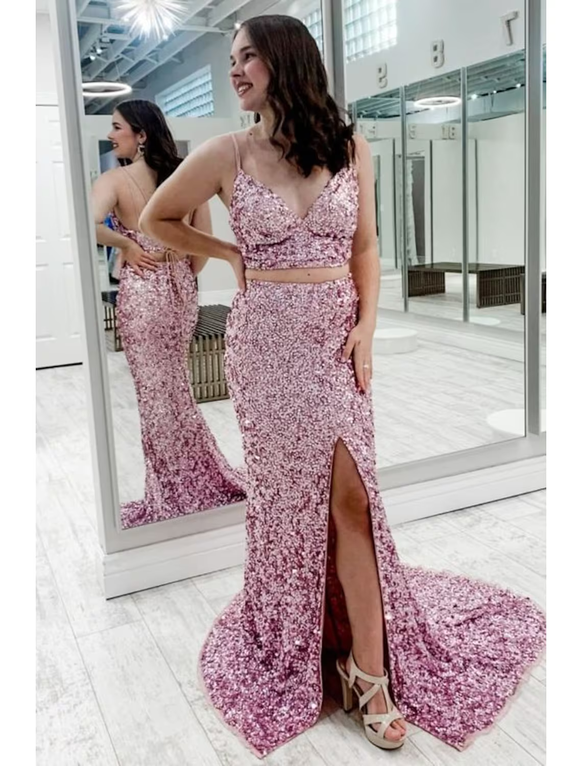 Prom Dresses Sparkle Shine Dress Party Wear Sleeveless  Strap Sequined Backless with Sequin Slit